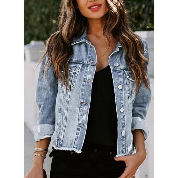 Women's Boyfriend Washed Crop Denim Jean Jacket Coat Casual Slim Fit Sky Blue - Picture 3 of 6